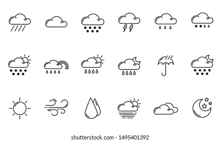 Set of simple outline icons - weather or forecast sings with clouds, snow, rain, fog, wind, sun and moon - vector isolated symbols collection.