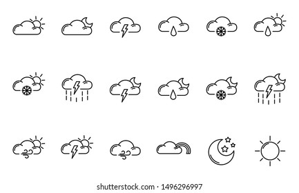 Set of simple outline icons - weather or forecast sings with clouds, snow, rain, fog, wind, sun and moon - vector isolated symbols collection.