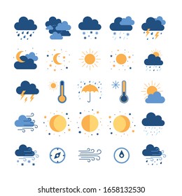 Set of simple outline icons - weather or forecast sings with clouds, snow, rain, , wind, sun and moon