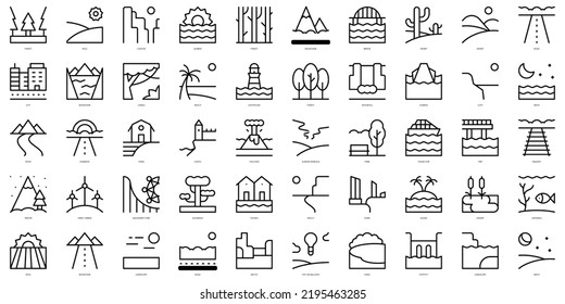 Set of simple outline landscapes Icons. Thin line art icons pack. Vector illustration