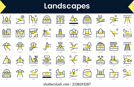 Set of simple outline landscapes Icons. Line art icon with Yellow shadow. Vector illustration