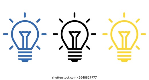 Set of simple outline light bulb icon illustration vector design with different color. Innovation, concept, inspiration, creative thinking, notion, thought, conclusion, and problem solving.