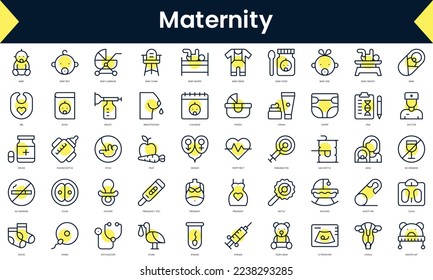 Conjunto de íconos de maternidad de contorno simple. Icono de línea de arte con sombra amarilla. Ilustración del vector