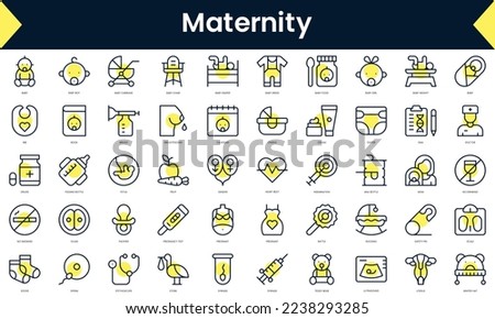 Set of simple outline maternity Icons. Line art icon with Yellow shadow. Vector illustration