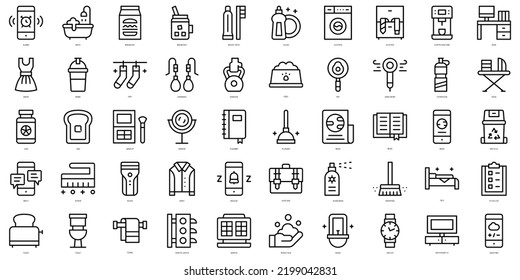 Set Of Simple Outline Morning Routine Icons. Thin Line Art Icons Pack. Vector Illustration