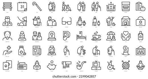 Set of simple outline old age Icons. Thin line art icons pack. Vector illustration