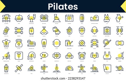 Conjunto de simples pilates de contorno Iconos. Icono de línea de arte con sombra amarilla. Ilustración del vector