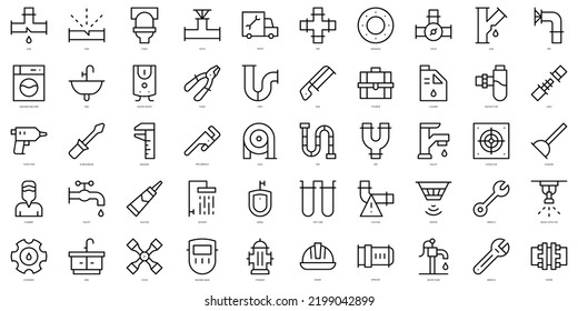 Set von einfachen Umriss-Klempnersymbolen. Paket mit Symbolen für dünne Linien. Vektorgrafik