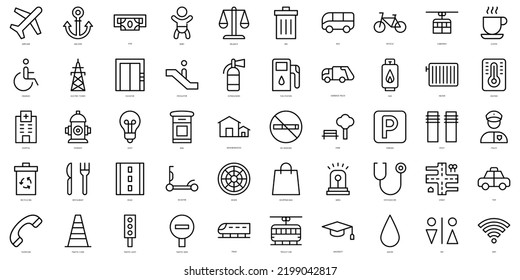 Set of simple outline public services Icons. Thin line art icons pack. Vector illustration