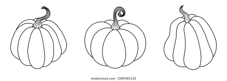 Conjunto de calabazas de contorno simple aisladas sobre un fondo transparente. Perfecto para libros de colorear KDP para niños. Ilustración vectorial en blanco y negro