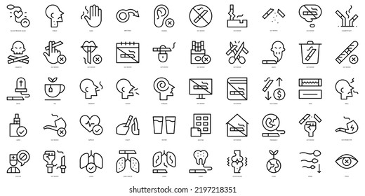 Set of simple outline quit smoking Icons. Thin line art icons pack. Vector illustration