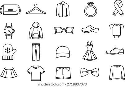 Set of simple outline representing various clothing accessories and footwear for men women and children Keywords