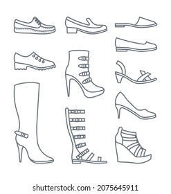 Un conjunto simple de iconos de los zapatos de contorno, trazo editable