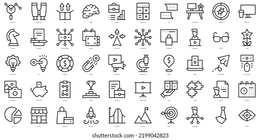 Conjunto de simples contornos startups Icons. Paquete de iconos de arte delgado. Ilustración del vector