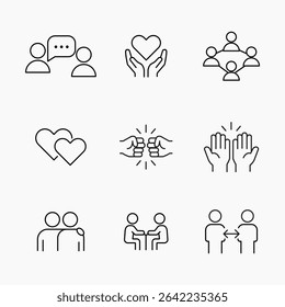 Conjunto de ícones de estilo de esboço simples representando amizade, lealdade, confiança e conexão emocional, Perfeito para web, aplicativos e temas de design social, ilustração vetorial