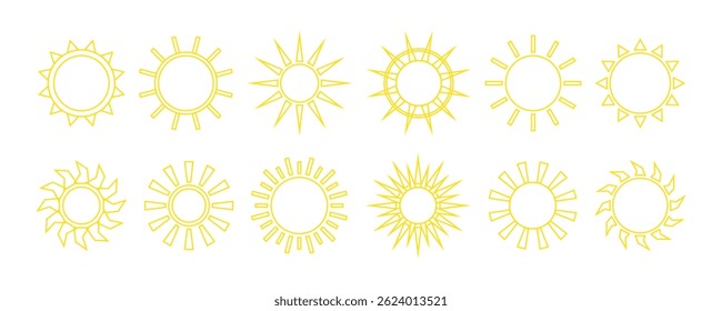 Set of simple outline sun icons. Solar symbol and weather sign. Sunbeams and sunburst, geometric symmetric yellow sun illustration. Sun rays, sunny icon. Summer sunny logo set.