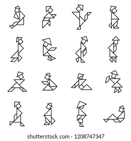 Set of Simple outline tangram Chinese people in variety action for create design icon vector