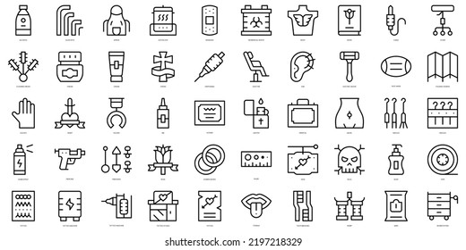 Set of simple outline tattoo studio Icons. Thin line art icons pack. Vector illustration