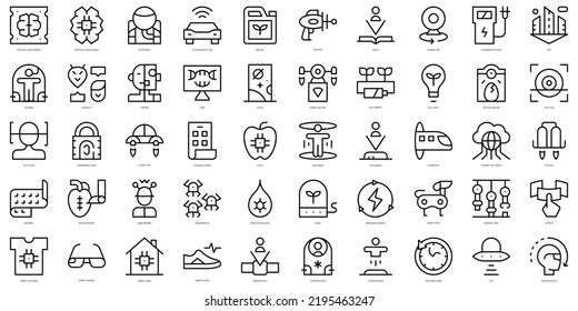 Conjunto de tecnología de contorno simple de los Iconos futuros. Paquete de iconos de arte delgado. Ilustración del vector