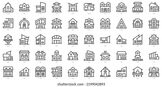 Conjunto de esquema simple tipo de casa Icons. Paquete de iconos de arte delgado. Ilustración del vector