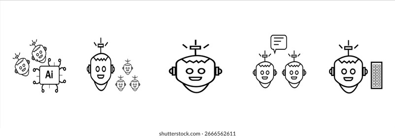 Un conjunto de iconos vectoriales de contorno simple con robots, un chip de IA y otros conceptos relacionados. Ideal para diseños de tecnología, IA y ciencia.