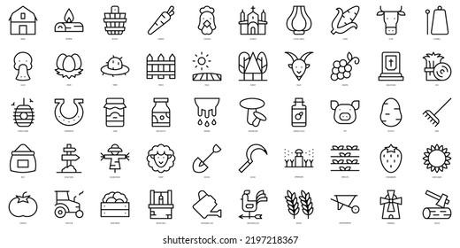 Set of simple outline in the village Icons. Thin line art icons pack. Vector illustration
