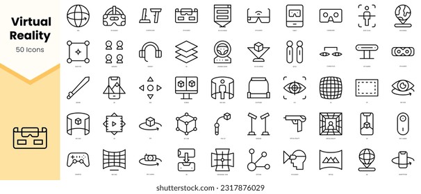 Conjunto de iconos de realidad virtual de contorno simple. Paquete de iconos de estilo de arte de línea simple. Ilustración del vector