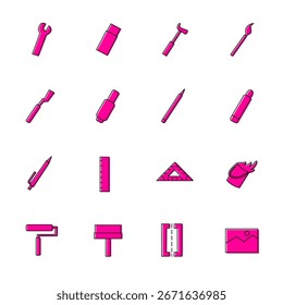 Um conjunto de ícones simples, delineados e desenhados à mão que retratam várias ferramentas, utensílios e elementos de construção, renderizados em rosa. Ideal para uso em projetos de design, infográficos e criativos.