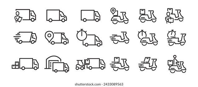Set of Simple Package Delivery Related Vector Line Icons. Contains Icons such as truck, loading package, forklift, courier, box, and more. icon illustration