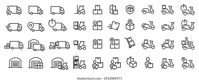 Set of Simple Package Delivery Related Vector Line Icons. Contains Icons such as truck, loading package, forklift, courier, box, and more. icon illustration