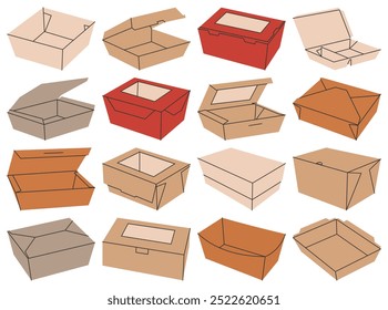 Set of simple paper food containers vector, paper takeaway food packaging flat vector illustration isolated on a white background