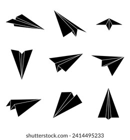 Set simple paper planes black icon. White origami paper airplanes from different angles. Handmade aircraft on white background. Vector illustration