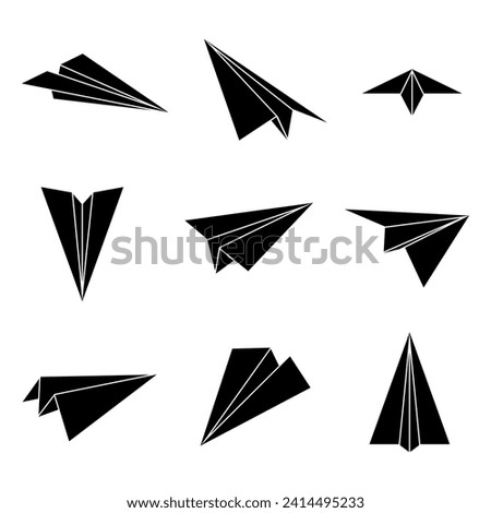 Set simple paper planes black icon. White origami paper airplanes from different angles. Handmade aircraft on white background. Vector illustration