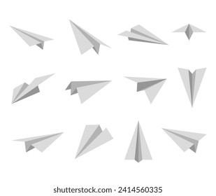 Set simple paper planes icon. White origami paper airplanes from different angles. Handmade aircraft on white background. Vector illustration