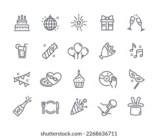 Set of Simple Party Related Icons. Birthday cake, balloons, garland, disco ball and fireworks for celebration. Design element for social networks. Cartoon linear vector collection isolated on white