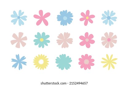 Set of simple pastel flat flowers. Vector isolated floral decorative elements on white background. Flowers icons for decoration, for cards, postcards, invitations and collages for different holidays