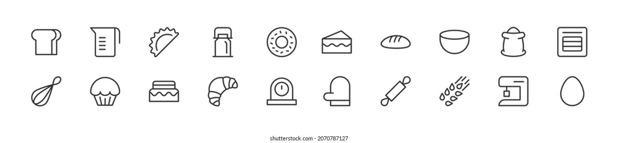 Set of simple pastry line icons. Outline stroke object. Linear signs pack. Perfect for web apps and mobile.