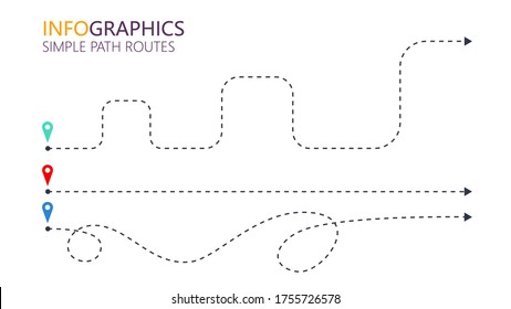 Set of simple path routes infographics template. Location map with pin pointer.  Direction arrow dotted line. Vector eps 10