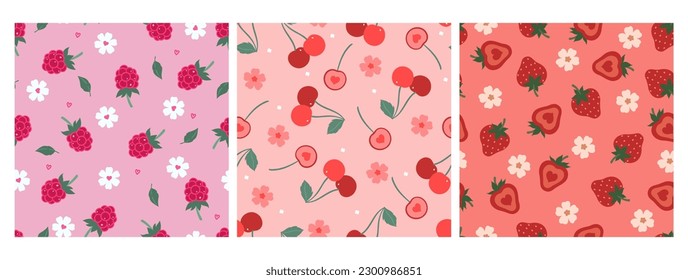 A set of simple patterns with berries and flowers. Vector graphics.