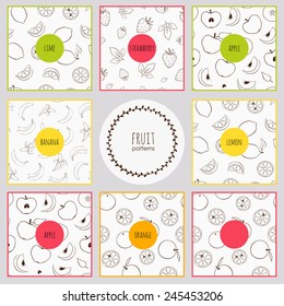 set of simple patterns with doodle fruits, seamless textures