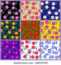 Set of simple patterns with flowers of different colors