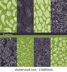 Set of simple patterns in one palette  vector version (white, light green, purple). Seamless pattern 