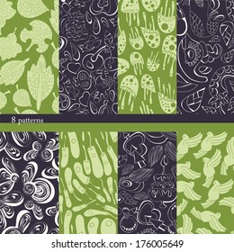 Set of simple patterns in one palette  vector version (white, light green, purple). Seamless pattern