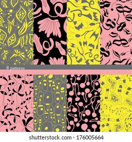 Set of simple patterns in one palette  vector version (black, pink, yellow, gray). Seamless pattern 