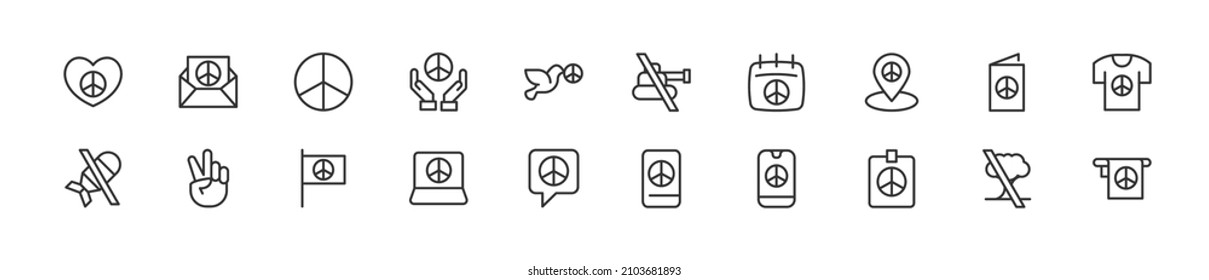 Set of simple peace line icons. Outline stroke object. Linear signs pack. Perfect for web apps and mobile.