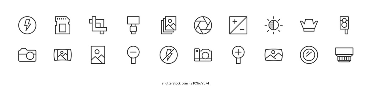 Set of simple photography line icons. Outline stroke object. Linear signs pack. Perfect for web apps and mobile.