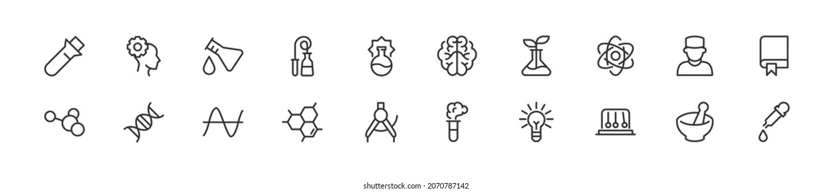 Set of simple physics line icons. Outline stroke object. Linear signs pack. Perfect for web apps and mobile.