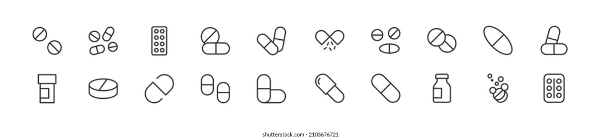 Juego de simples iconos de línea de pastillas. Objeto de trazo de contorno. Envase de signos lineales. Perfecto para aplicaciones web y móviles.