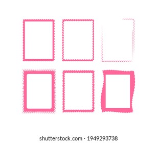 set of simple pink frames with wavy edge, vector, copy space, rectangular  background for cards, congratulations, pictures 