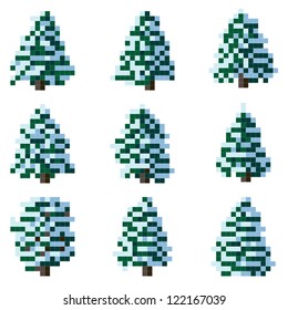 Set of simple pixel coniferous tree with snow on branches (spruce, pine)(square cells).